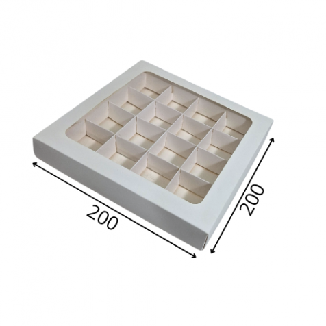 Коробка для конфет с окном 200*200*30 мм., белая (16 яч.)